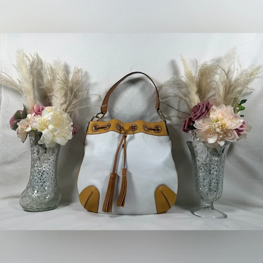 Michael Kors White And Tan Leather Bucket Bag